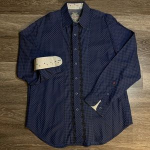 2/$40 Robert Graham Blue/Black Checkered Shirt XL with Polka Dot Cuffs